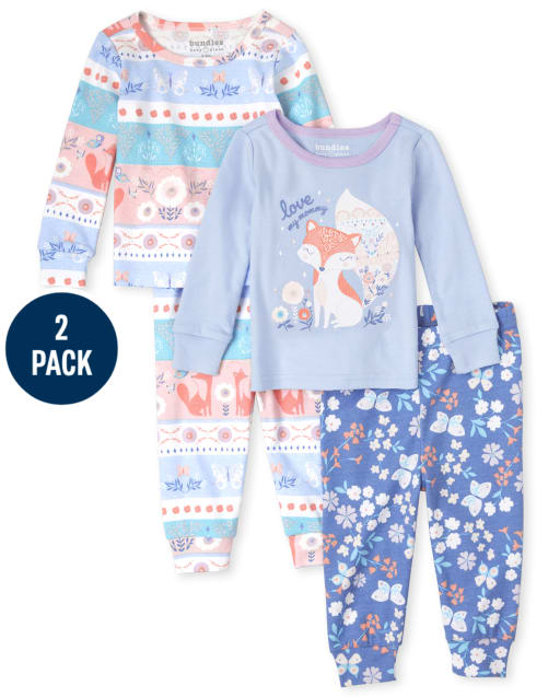Baby And Toddler Girls Fox Fairisle Snug Fit Cotton Pajamas 2-Pack
