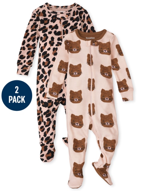Baby And Toddler Girls Leopard Snug Fit Cotton One Piece Pajamas 2-Pack