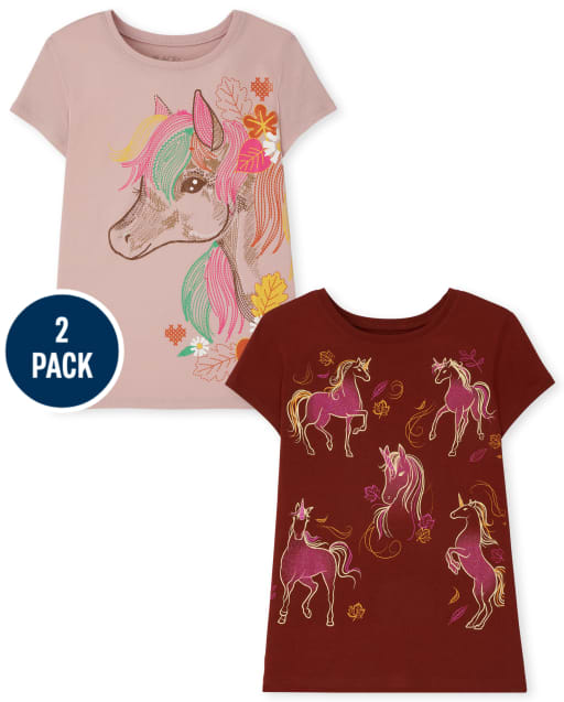Paquete de 2 camisetas con gráfico de dibujo de unicornio para niñas