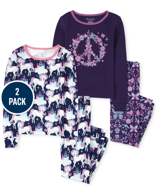 Girls Unicorn Peace Snug Fit Cotton Pajamas 2-Pack