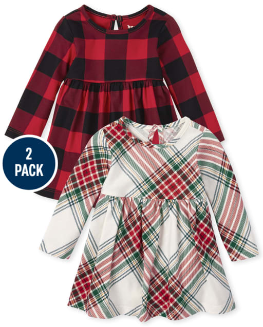 Baby Girls Buffalo Plaid Bodysuit Dress 2-Pack