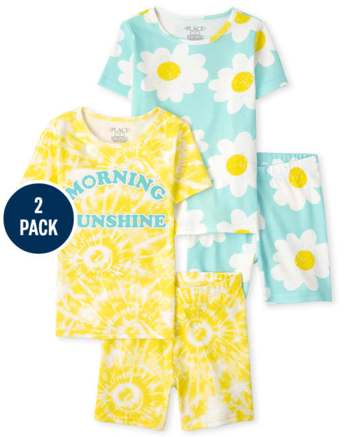Pack de 2 pijamas de algodón ajustados con estampado floral y teñido anudado para niñas