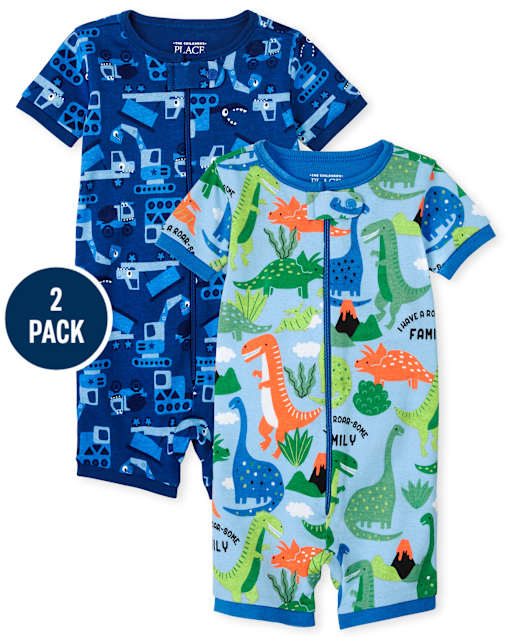 Pyjama une pièce en coton ajusté Dino Truck pour bébés et tout-petits garçons, paquet de 2
