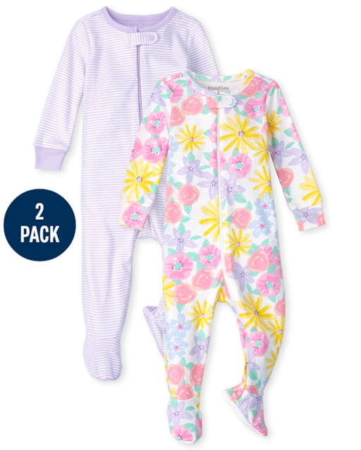 Pijamas de una pieza de algodón con ajuste ceñido y rayas florales para bebés y niñas pequeñas, paquete de 2