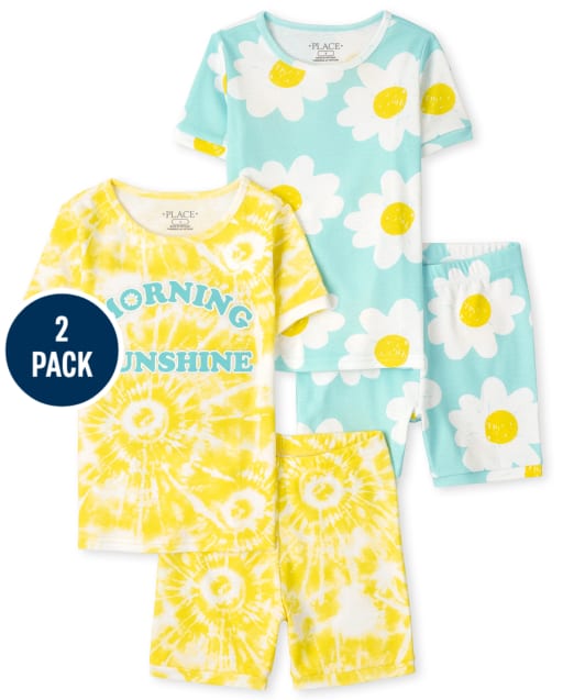 Girls Glow Sunshine Daisy Snug Fit Cotton Pajamas 2-Pack