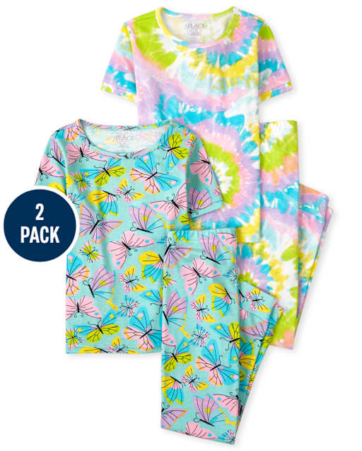 Girls Butterfly Tie Dye Snug Fit Cotton Pajamas 2-Pack
