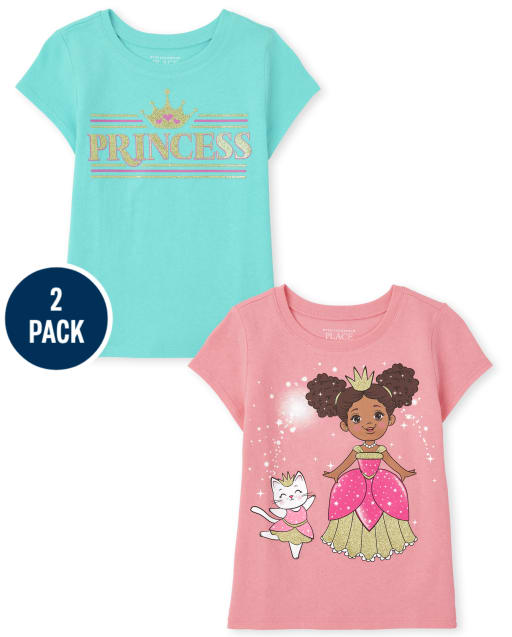 Paquete de 2 camisetas con estampado de princesa para bebés y niñas pequeñas