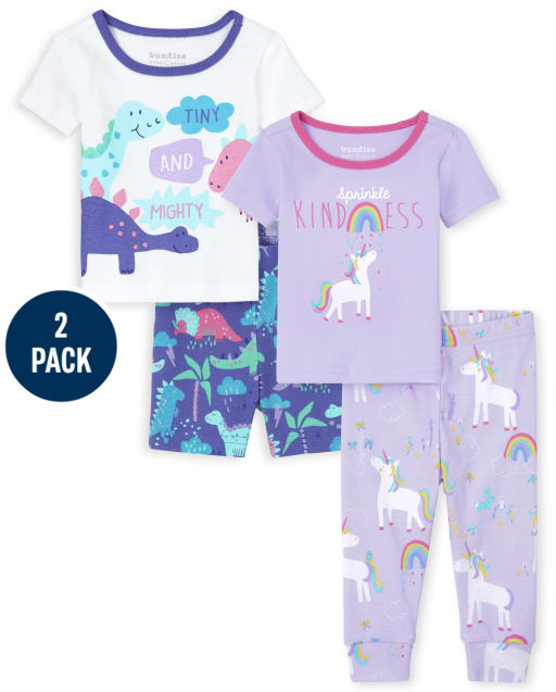 Baby And Toddler Girls Unicorn Dino Snug Fit Cotton Pajamas 2-Pack