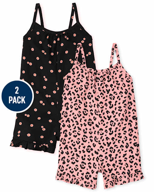 Paquete de 2 mamelucos con volantes y estampado de niñas pequeñas