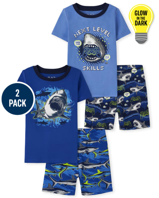 Boys Glow Shark Gamer Snug Fit Cotton Pajamas 2-Pack