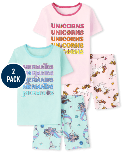 Girls Unicorn Mermaid Snug Fit Cotton Pajamas 2-Pack