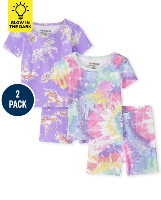 Baby And Toddler Girls Glow Unicorn Snug Fit Cotton Pajamas 2-Pack