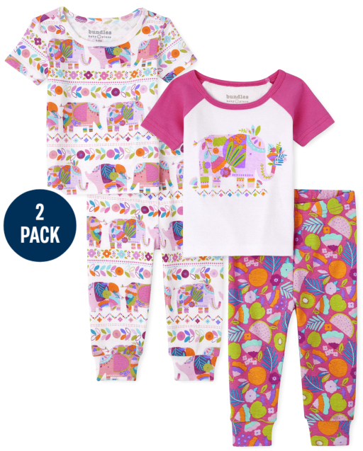 Baby And Toddler Girls Elephant Snug Fit Cotton Pajamas 2-Pack