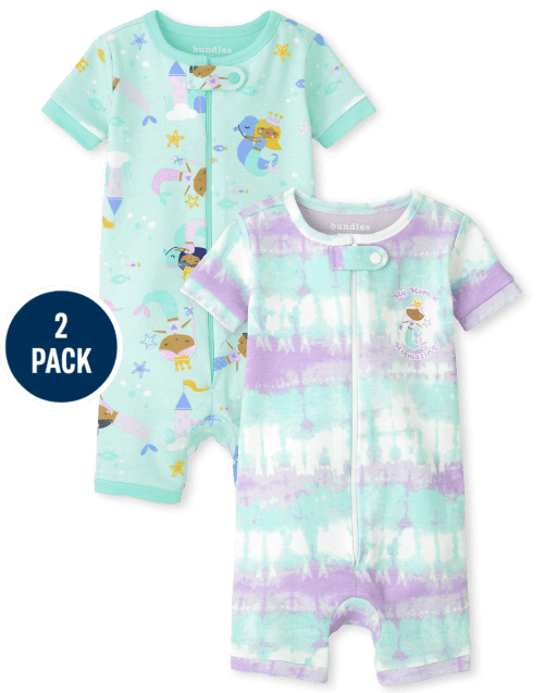 Pijama de una pieza de algodón con ajuste ceñido de sirena para bebés y niñas pequeñas, paquete de 2