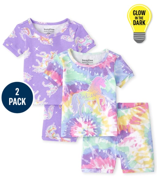 Baby And Toddler Girls Glow Unicorn Tie Dye Snug Fit Cotton Pajamas 2-Pack