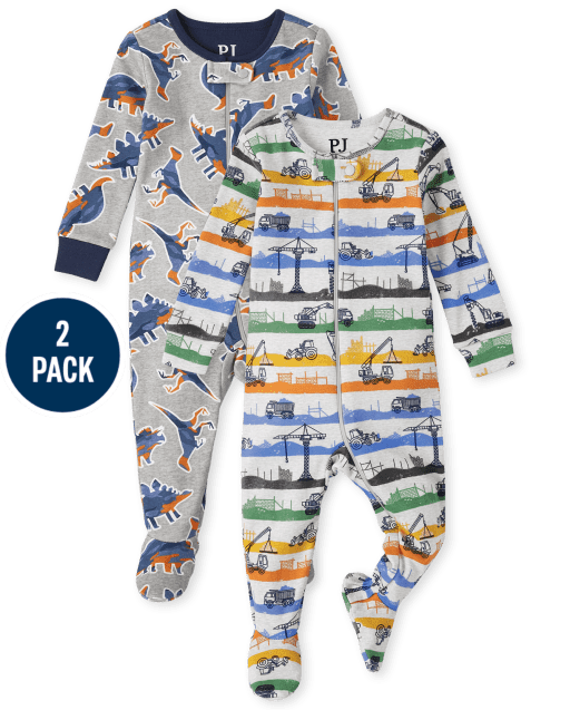 Baby And Toddler Boys Dino Construction Snug Fit Cotton One Piece Pajamas 2-Pack