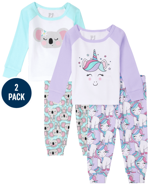 Paquete de 2 pijamas de algodón ajustados con unicornio y koala para niñas pequeñas y bebés