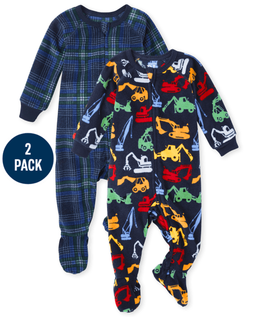 Baby And Toddler Boys Plaid Construction Fleece One Piece Pajamas 2-Pack