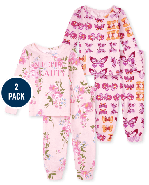 Paquete de 2 pijamas de algodón ajustados con mariposa floral para bebés y niñas pequeñas