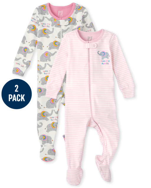 Lot de 2 pyjamas une pièce en coton coupe ajustée éléphant pour bébé et toute-petite fille