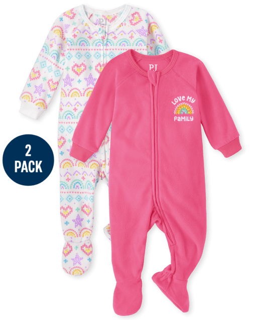Paquete de 2 pijamas de una pieza de forro polar con diseño de arcoíris para niñas pequeñas y bebés