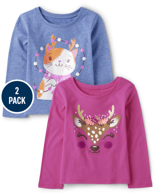 Paquete de 2 camisetas con estampado de animales para bebés y niñas pequeñas