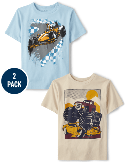 Camiseta con gráfico Racecar Monster Truck para niños, paquete de 2