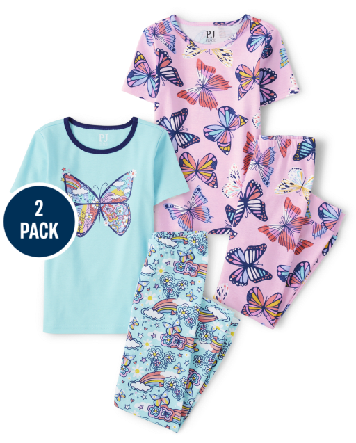 Pijama de algodón ajustado con mariposas para niña, paquete de 2
