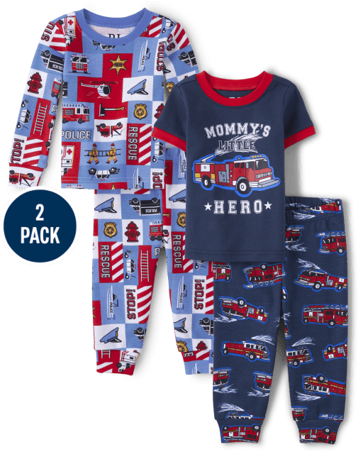 Paquete de 2 pijamas de algodón ajustados con camión de bomberos para bebés y niños pequeños