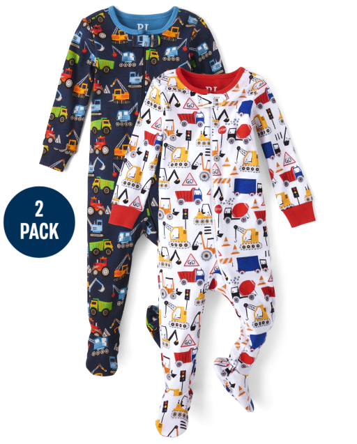 Baby And Toddler Boys Construction Vehicle Snug Fit Cotton One Piece Pajamas 2-Pack