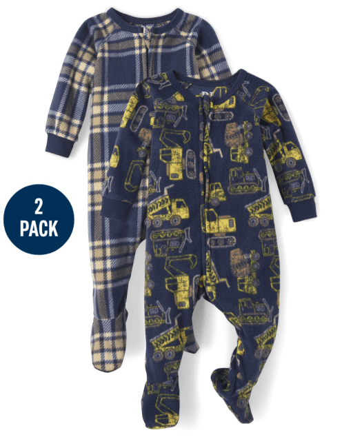 Baby And Toddler Boys Plaid Construction Truck Fleece One Piece Pajamas 2-Pack