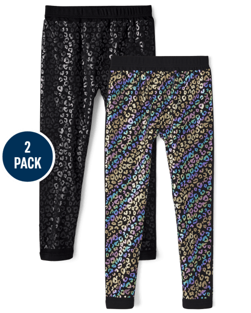 Girls Foil Leopard Fleece-Lined Leggings 2-Pack
