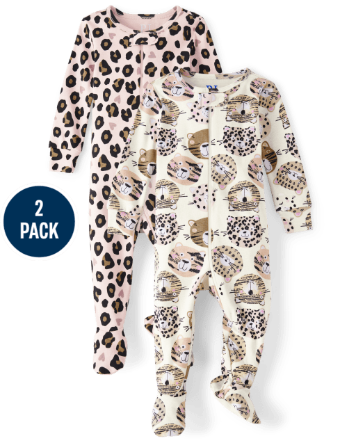 Baby And Toddler Girls Leopard Snug Fit Cotton Footed One Piece Pajamas 2-Pack