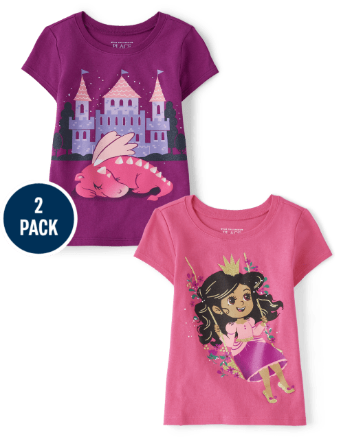 Paquete de 2 camisetas con estampado de princesa para bebés y niñas pequeñas