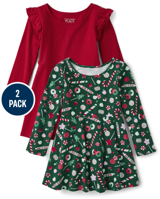 Toddler Girls Christmas Candy Skater Dress 2-Pack