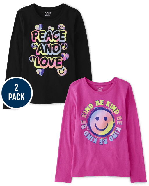 Girls Peace And Love Happy Face Graphic Tee 2-Pack