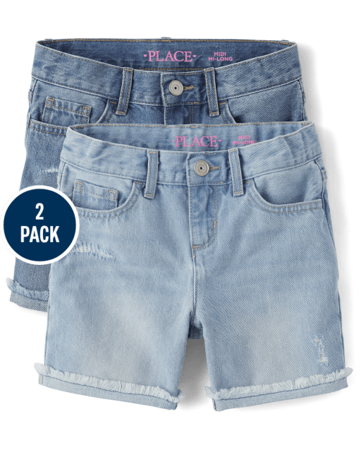 Paquete de 2 pantalones cortos midi de mezclilla con puños enrollados desgastados para niñas