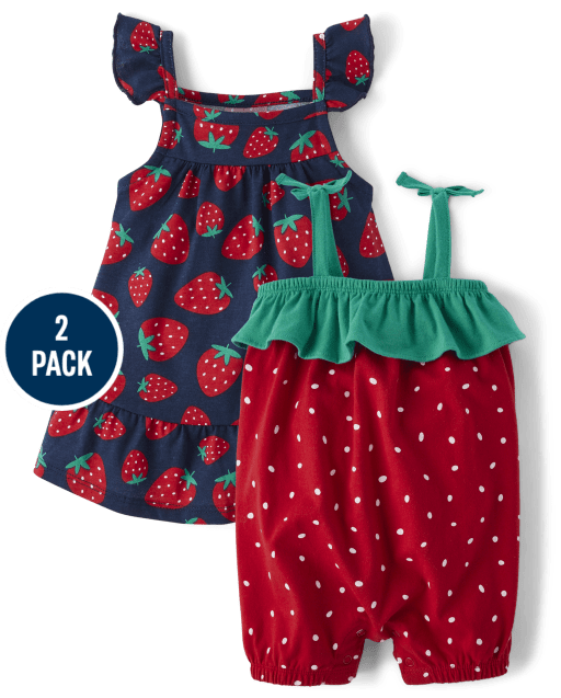 Baby Girls Strawberry Romper Dress 2-Piece Set