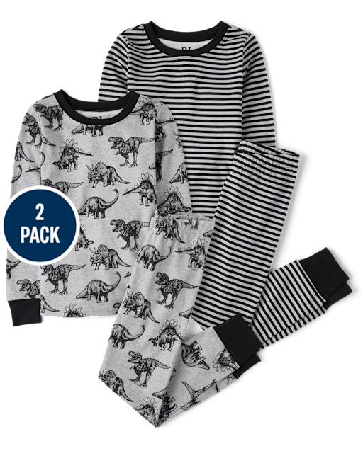 Boys Striped Dino Snug Fit Cotton Pajamas 2-Pack