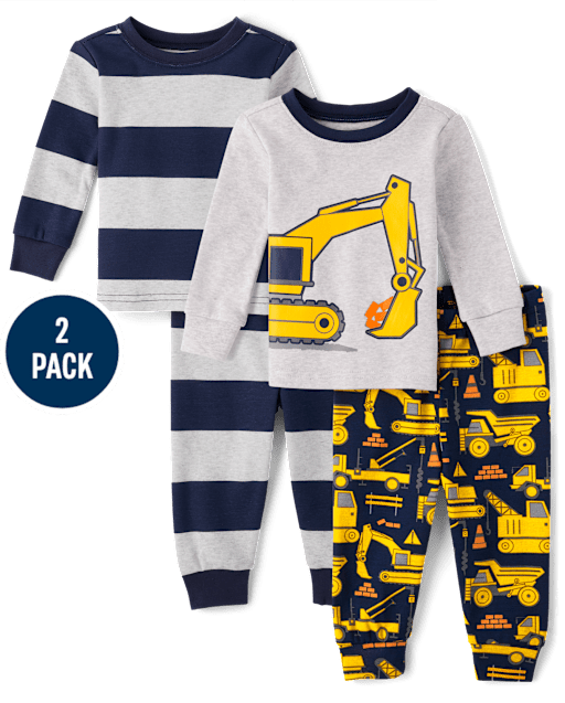 Baby And Toddler Boys Striped Construction Snug Fit Cotton Pajamas 2-Pack
