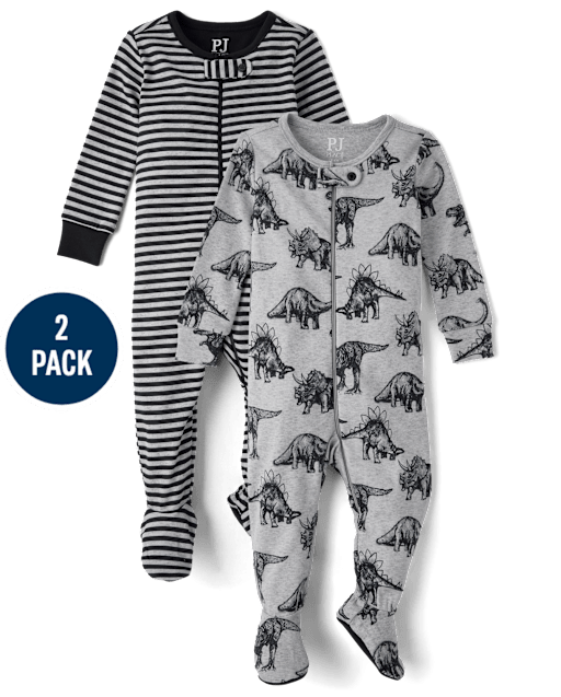 Baby And Niños pequeños Pijamas de una pieza con patas de algodón de ajuste ceñido con diseño de dinosaurio a rayas para niños, paquete de 2