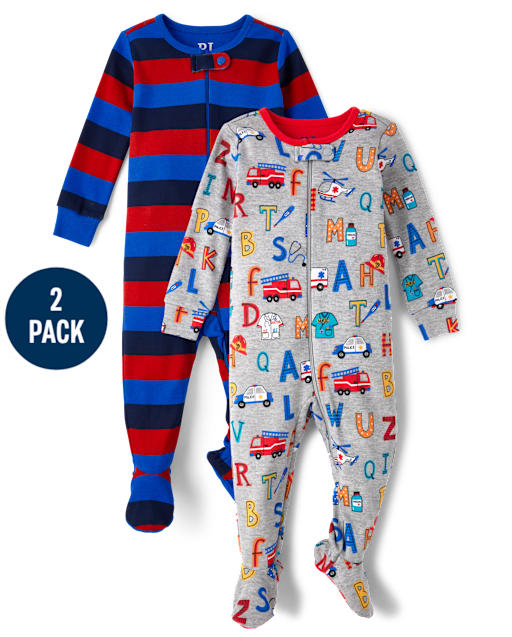 Baby And Niños pequeños Pijamas de una pieza con patas de algodón, ajuste ceñido, con letras del alfabeto, para niños, paquete de 2