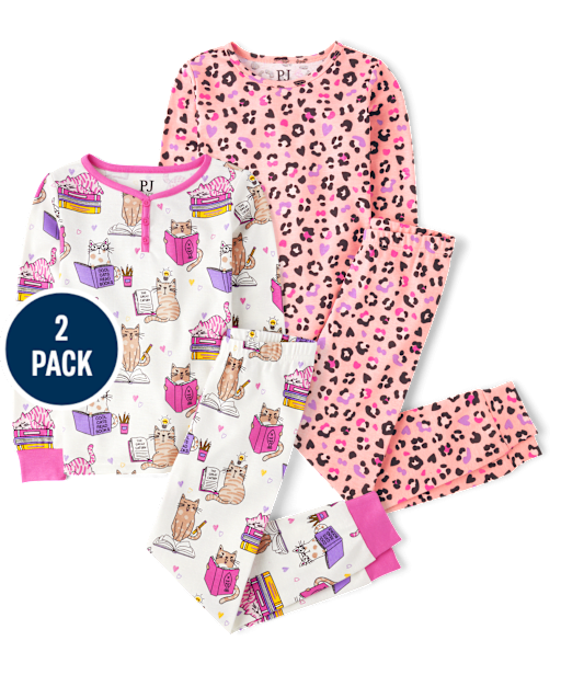 Girls Leopard Cat Snug Fit Cotton Pajamas 2-Pack
