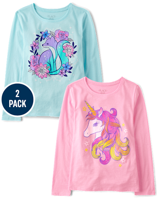 Girls Floral Unicorn Graphic Tee 2-Pack