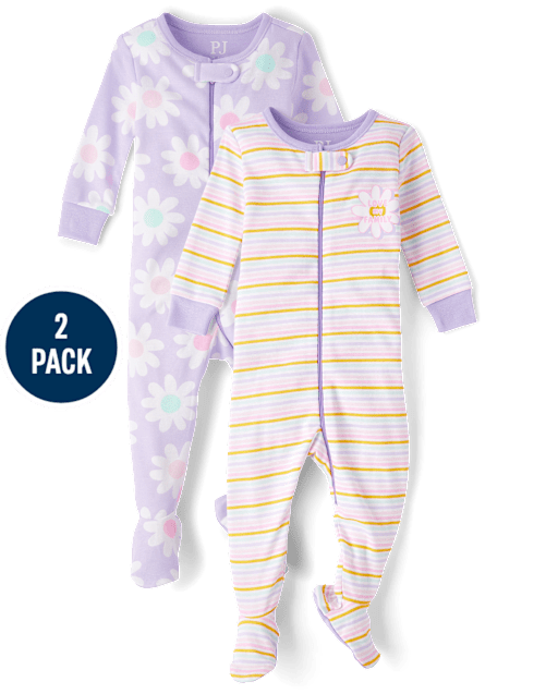 Baby And Toddler Girls Rainbow Floral Snug Fit Cotton Footed One Piece Pajamas 2-Pack