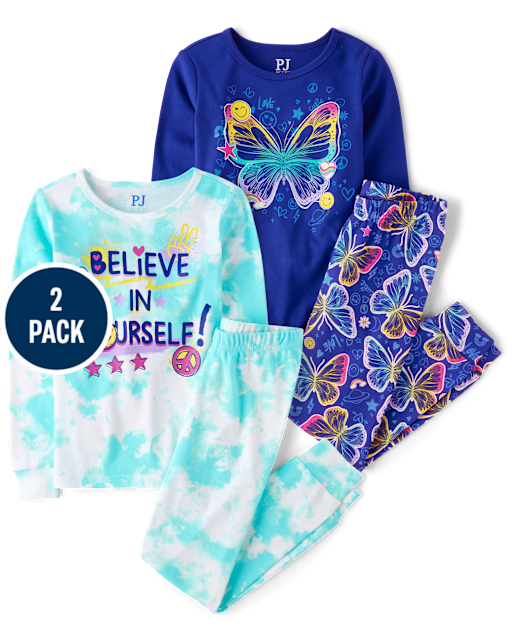 Girls Butterfly Believe Snug Fit Cotton Pajamas 2-Pack