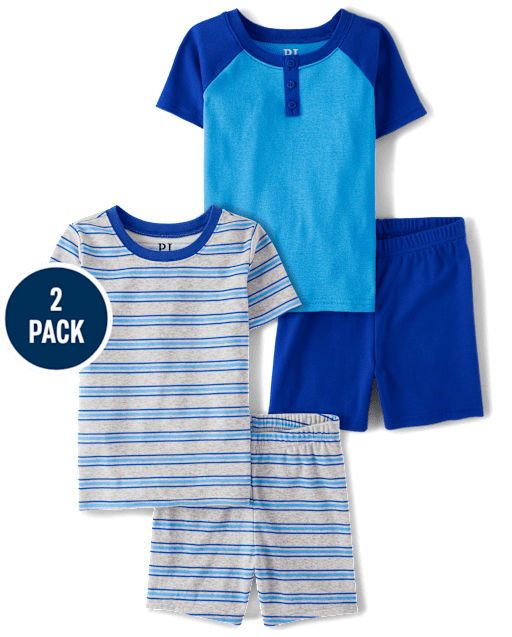 Boys Striped Henley Snug Fit Cotton Pajamas 2-Pack