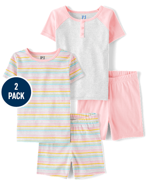 Girls Rainbow Striped Henley Snug Fit Cotton Pajamas 2-Pack