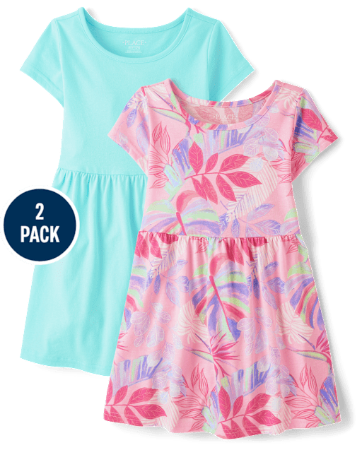 Girls Tropical Leaf Everyday Dress 2-Pack