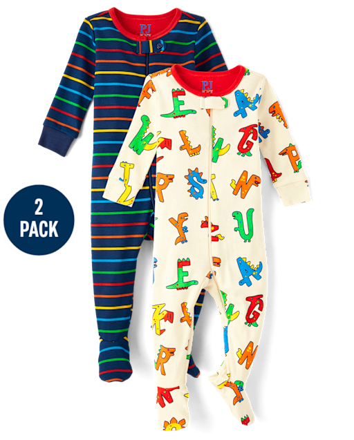 Baby And Toddler Dino Alphabet Striped Snug Fit Cotton Footed One Piece Pajamas 2-Pack